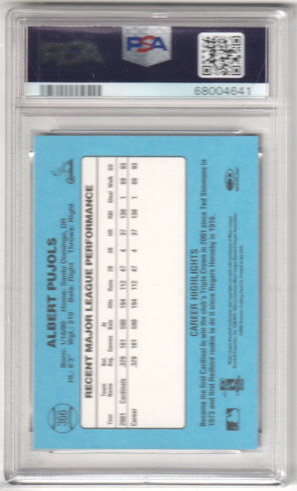ALBERT PUJOLS 2002 Donruss Originals #366 PSA 9 MINT - CARDINALS Pop 6 - Columbia Hobby - Sports Card Boxes - Toploaders - Card Savers