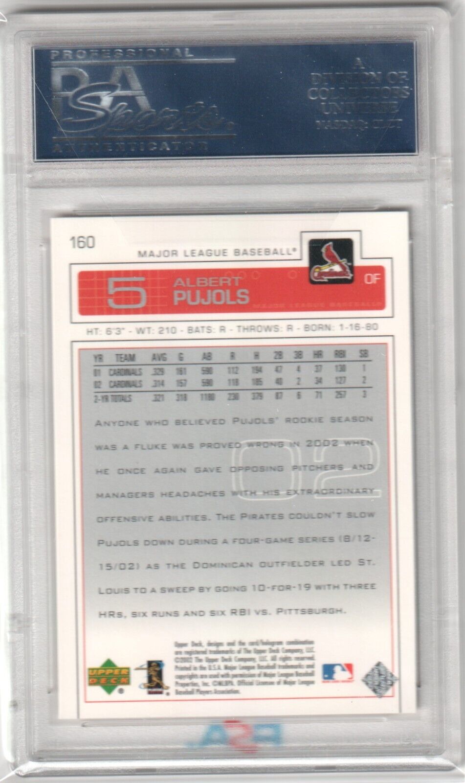 ALBERT PUJOLS 2003 Upper Deck #160 PSA 10 GEM MINT - CARDINALS - Columbia Hobby - Sports Card Boxes - Toploaders - Card Savers