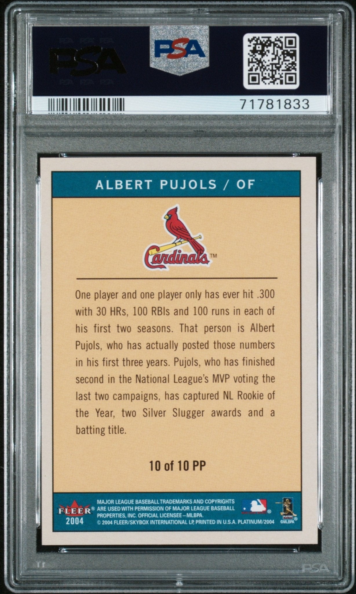 ALBERT PUJOLS 2004 Fleer Platinum Platinum Portraits #10 PSA 10 - GEM MINT Pop 9 - Columbia Hobby - Sports Card Boxes - Toploaders - Card Savers