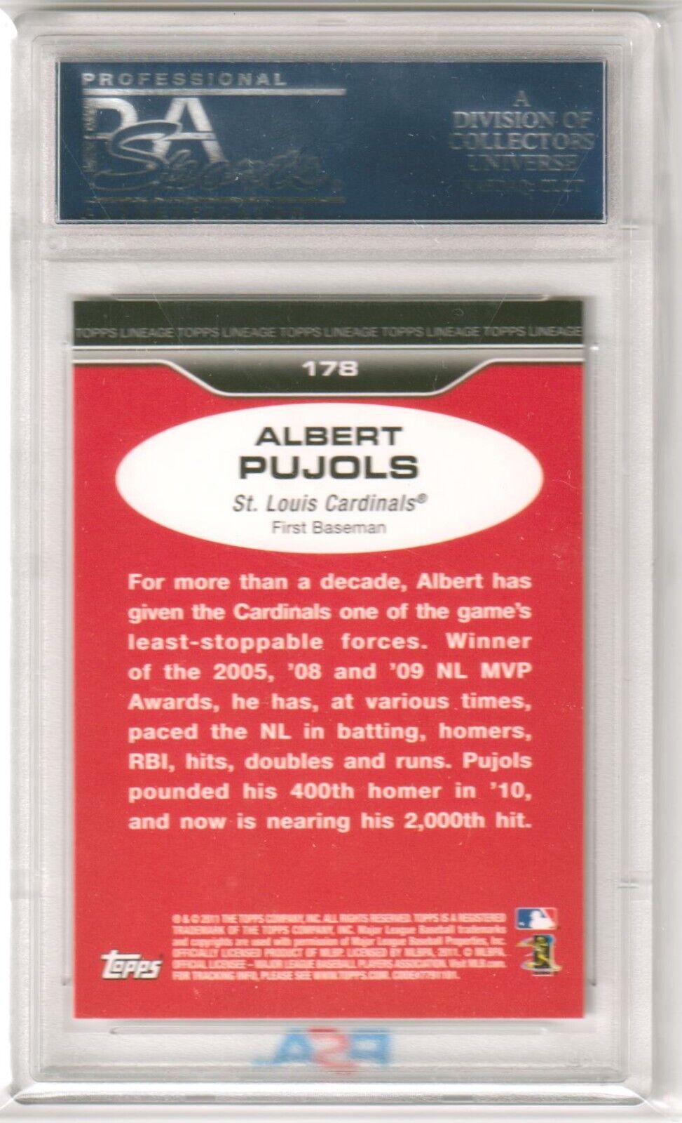 ALBERT PUJOLS 2011 Topps Lineage Diamond Anniversary Platinum Refractor PSA 10 - Columbia Hobby - Sports Card Boxes - Toploaders - Card Savers