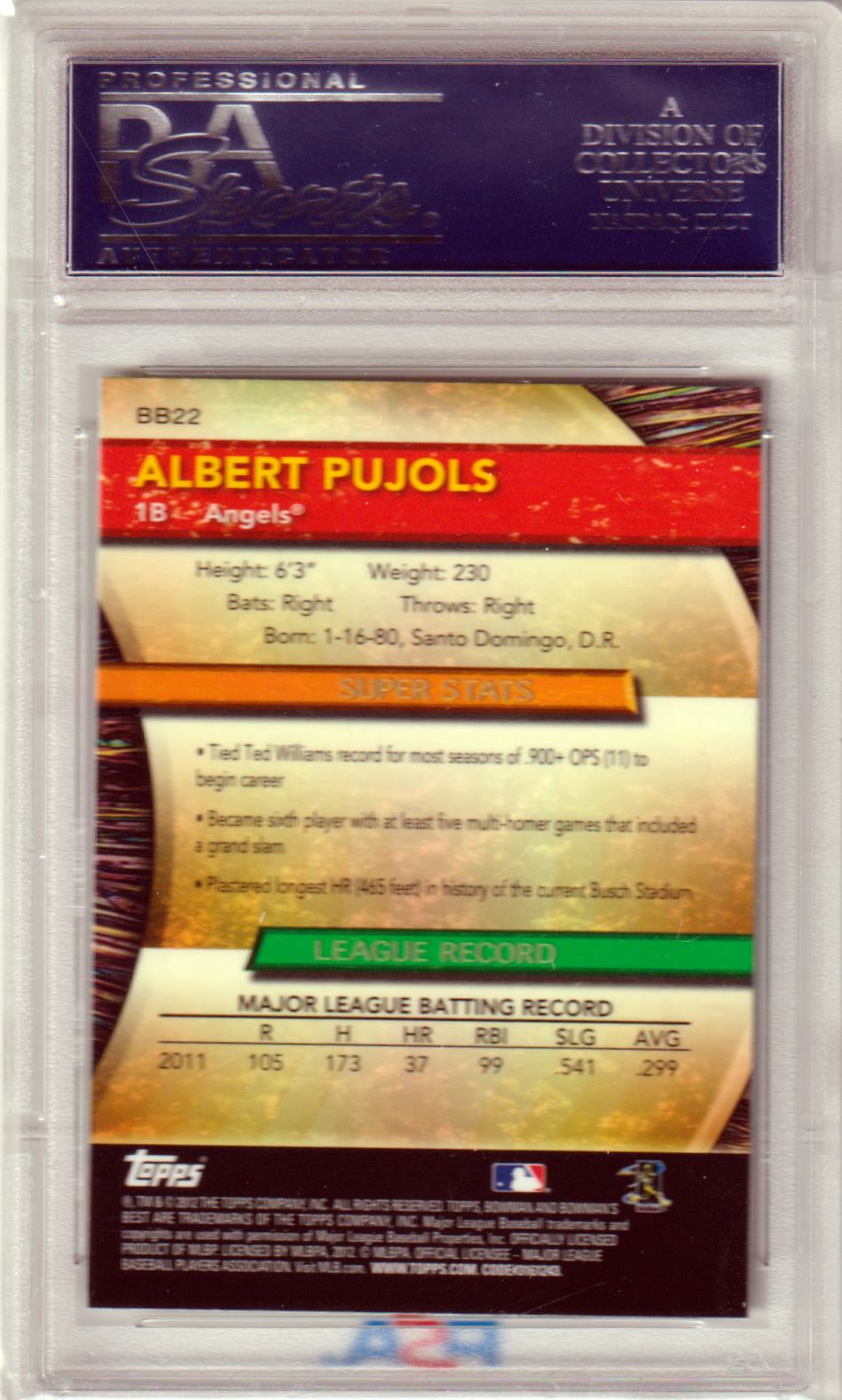 ALBERT PUJOLS 2012 Bowman's Best #BB22 PSA 10 GEM MINT - CARDINALS Pop 9 - Columbia Hobby - Sports Card Boxes - Toploaders - Card Savers