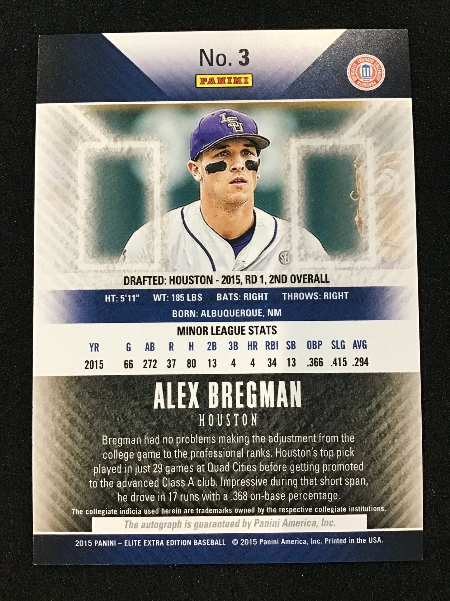 Alex Bregman 2015 Panini Elite Extra Edition 3 Red AU - Houston Astros - Columbia Hobby - Sports Card Boxes - Toploaders - Card Savers
