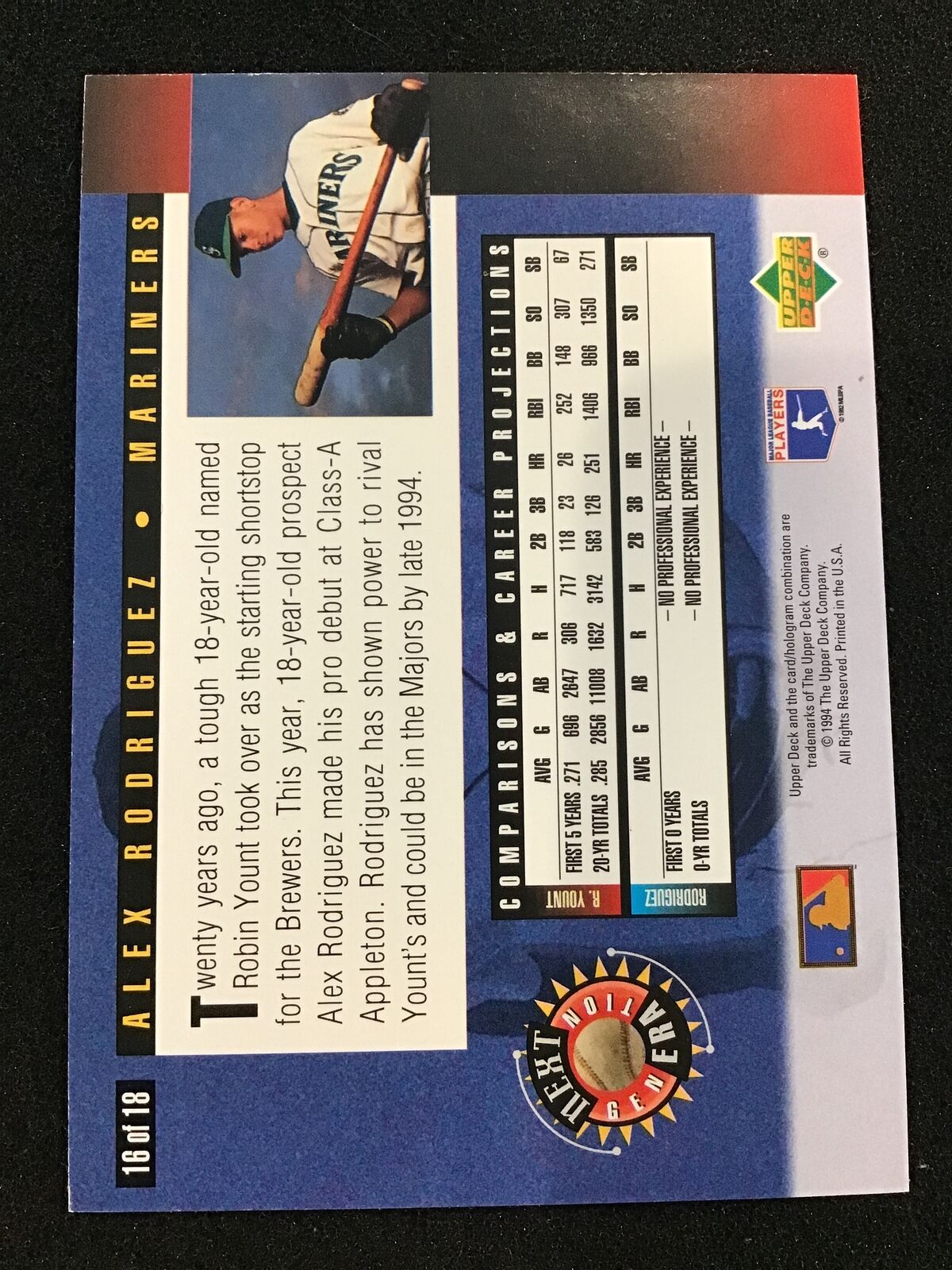 Alex Rodriguez 1994 Upper Deck 16 Next Generation Electric Diamond Mariners - Columbia Hobby - Sports Card Boxes - Toploaders - Card Savers