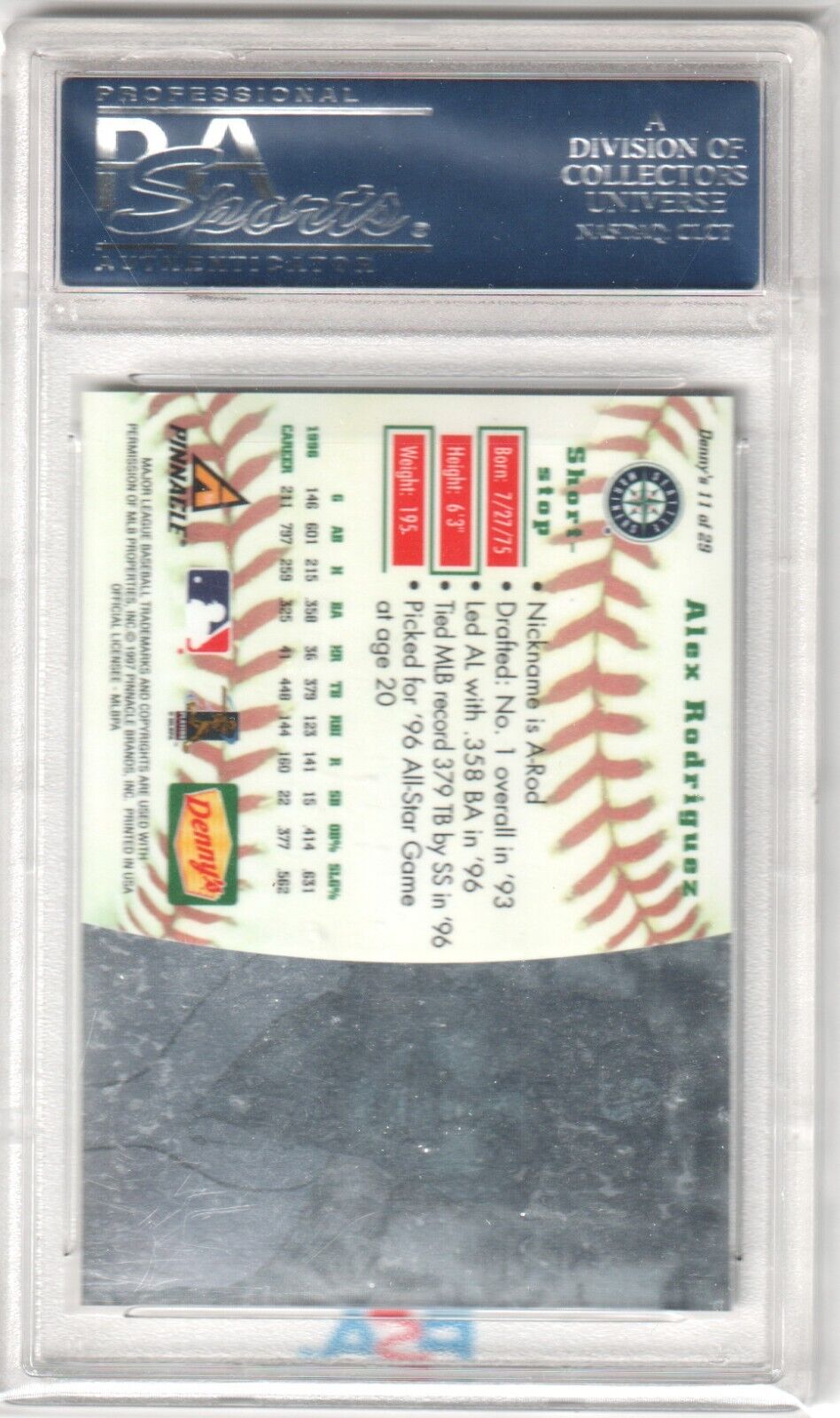 ALEX RODRIGUEZ 1997 Pinnacle Denny's 3 - D Holograms #11 PSA 10 GEM MINT MARINERS - Columbia Hobby - Sports Card Boxes - Toploaders - Card Savers