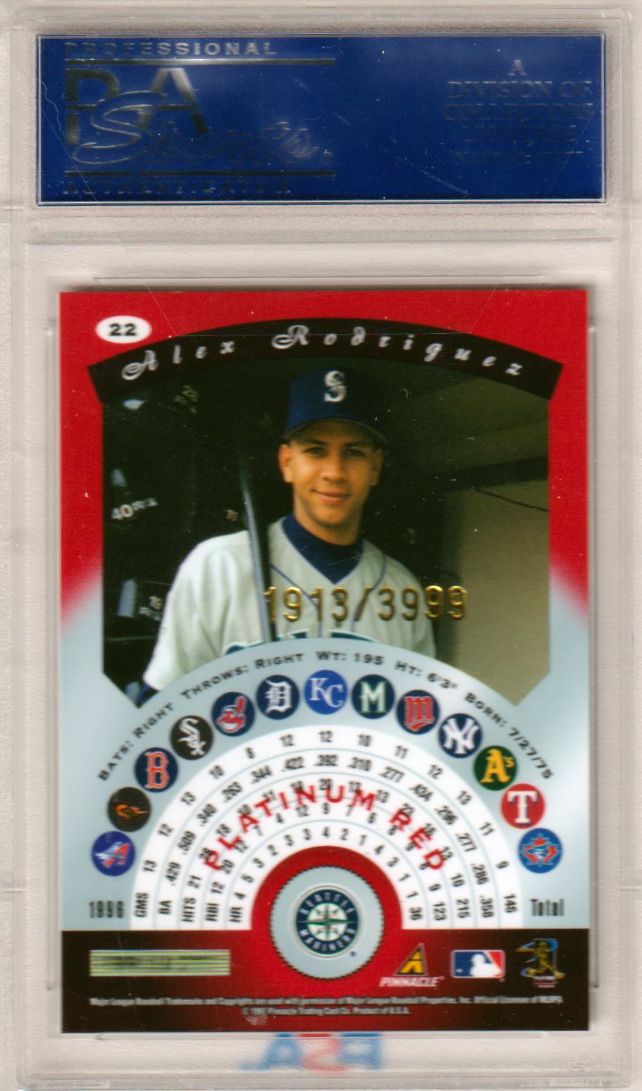 ALEX RODRIGUEZ 1997 Pinnacle Totally Certified #22 Platinum Red PSA 10 /3999 - Columbia Hobby - Sports Card Boxes - Toploaders - Card Savers