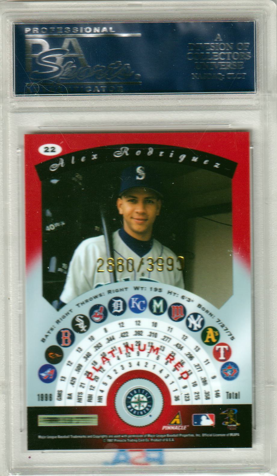 ALEX RODRIGUEZ 1997 Pinnacle Totally Certified #22 Platinum Red PSA 10 GEM MINT - Columbia Hobby - Sports Card Boxes - Toploaders - Card Savers