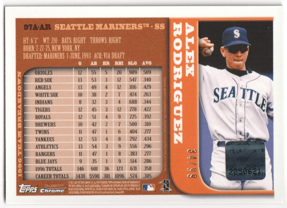 ALEX RODRIGUEZ 2006 Bowman Chrome Autograph Auto #/99 - MARINERS - Columbia Hobby - Sports Card Boxes - Toploaders - Card Savers