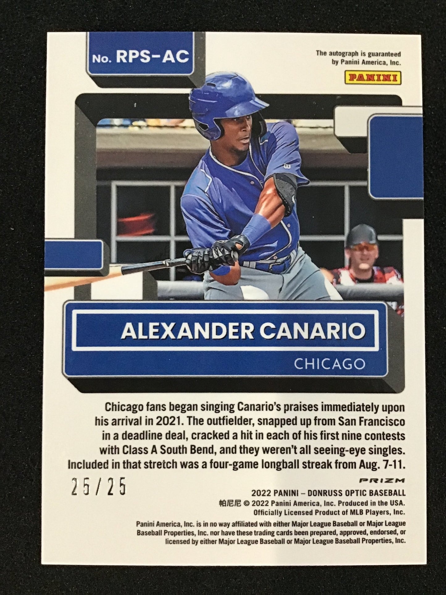 Alexander Canario 2022 Donruss Optic White Rated Prospect Auto /25 SSP Cubs - Columbia Hobby - Sports Card Boxes - Toploaders - Card Savers