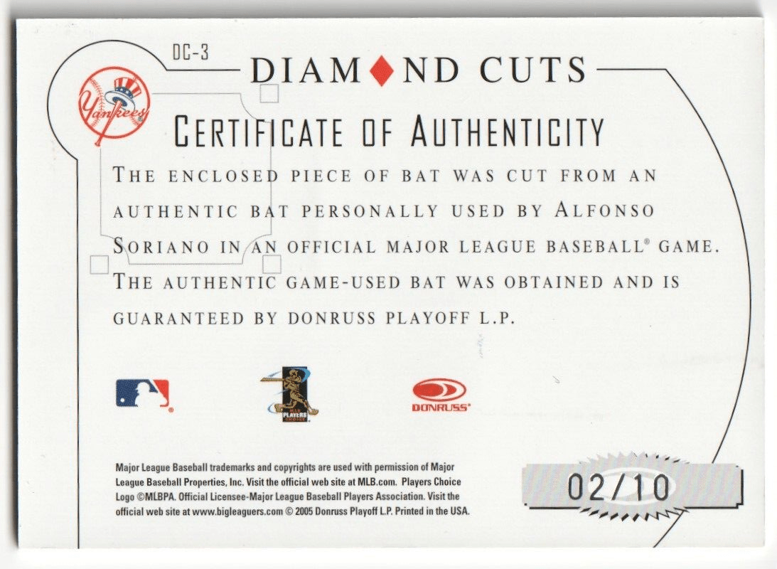 ALFONSO SORIANO 2005 Donruss Diamond Kings Autograph Auto Bat SSP #/10 - YANKEES - Columbia Hobby - Sports Card Boxes - Toploaders - Card Savers
