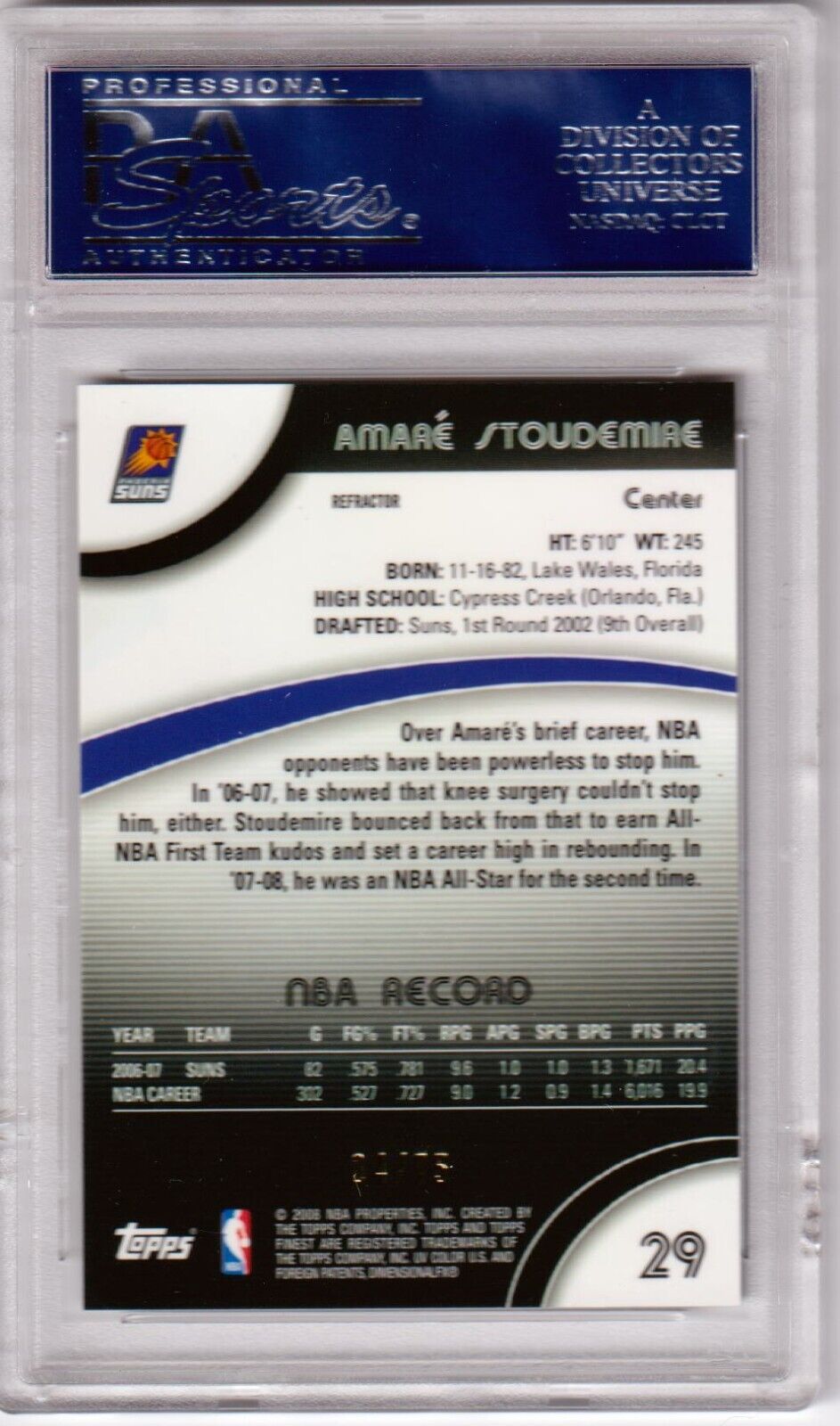 AMARE STOUDEMIRE 2007 - 08 Finest Black Refractor #/75 PSA 10 GEM MINT SUNS POP 1 - Columbia Hobby - Sports Card Boxes - Toploaders - Card Savers
