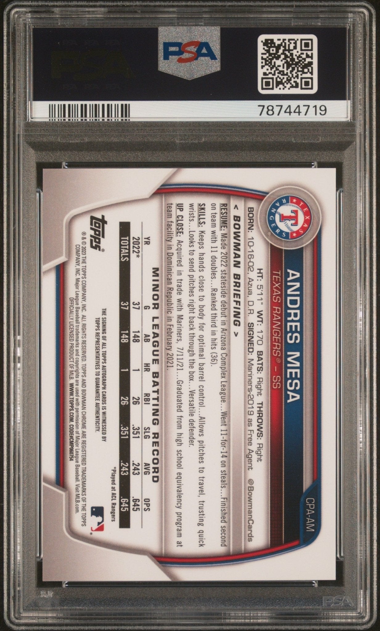ANDRES MESA 2023 Bowman Chrome 1st Green Shimmer Autograph CPAAM PSA 10 GEM - Columbia Hobby - Sports Card Boxes - Toploaders - Card Savers