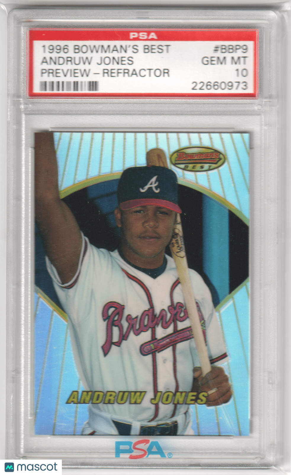 ANDRUW JONES 1996 Bowmans Best Preview BBP9 Refractor PSA 10 GEM MINT - Pop 5 - Columbia Hobby - Sports Card Boxes - Toploaders - Card Savers