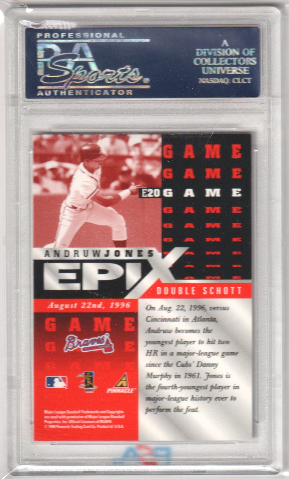 ANDRUW JONES 1998 Pinnacle Zenith Epix Orange E20 PSA 10 GEM MINT BRAVES Pop 1 - Columbia Hobby - Sports Card Boxes - Toploaders - Card Savers