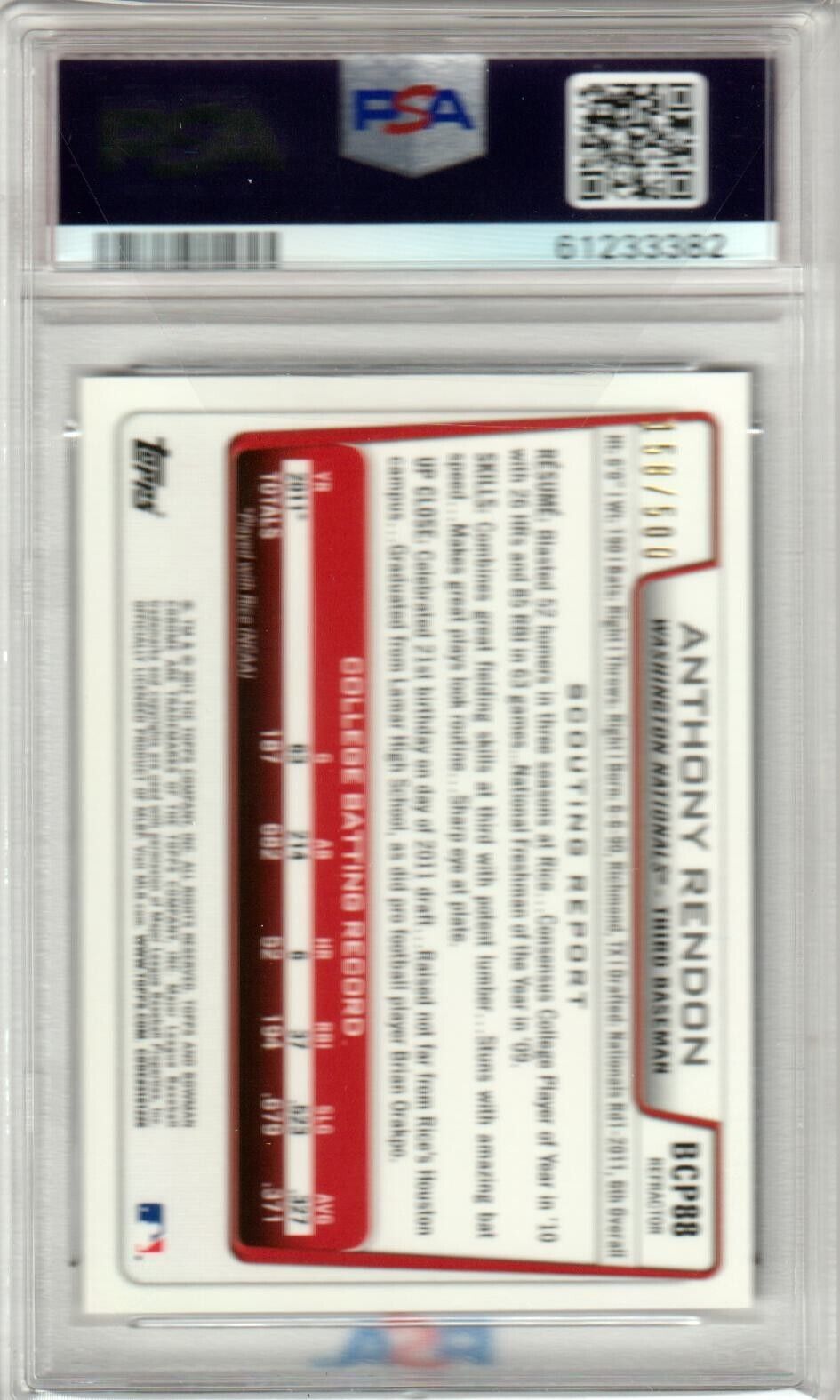 ANTHONY RENDON 2012 Bowman Prospects Chrome Refractor #/500 PSA 9 MINT - ANGELS - Columbia Hobby - Sports Card Boxes - Toploaders - Card Savers