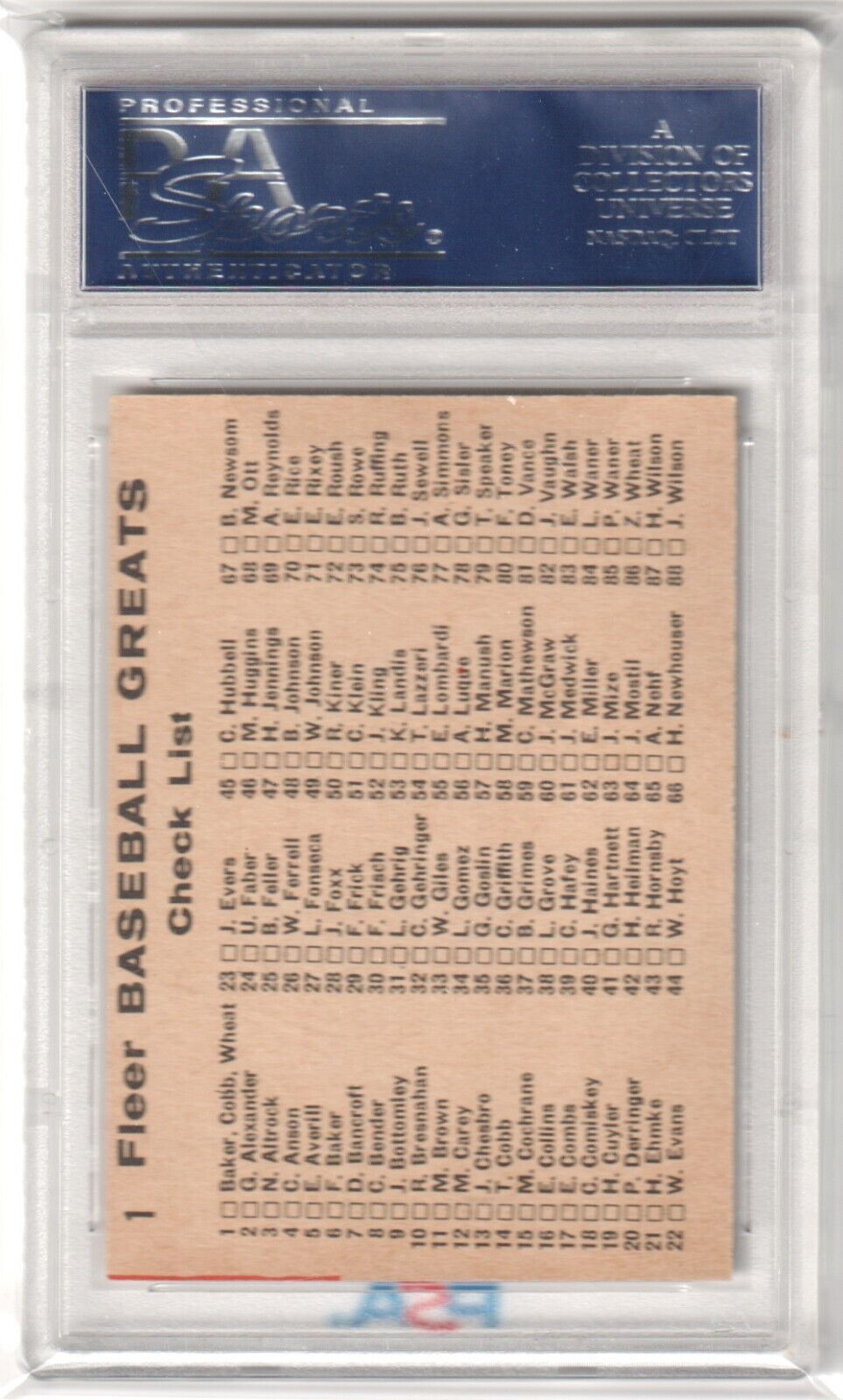 BAKER TY COBB WHEAT 1961 Fleer Baseball Greats Checklist #1 Graded PSA 7 NM - Columbia Hobby - Sports Card Boxes - Toploaders - Card Savers