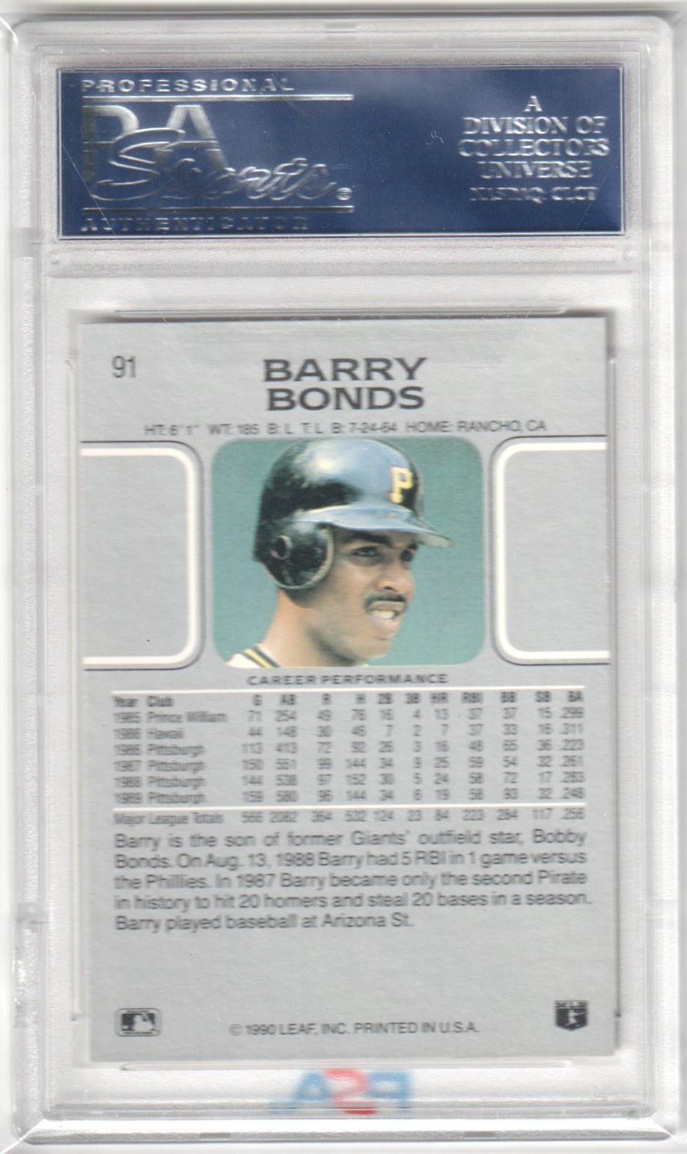 BARRY BONDS 1990 Leaf #91 PSA 10 GEM MINT - PIRATES - Columbia Hobby - Sports Card Boxes - Toploaders - Card Savers