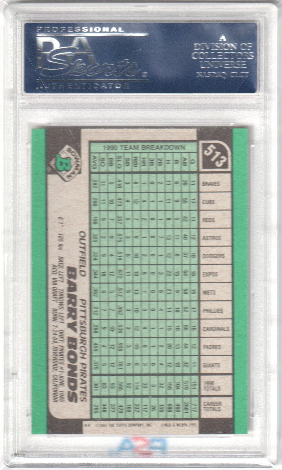BARRY BONDS 1991 Bowman #513 PSA 10 GEM MINT - GIANTS - Columbia Hobby - Sports Card Boxes - Toploaders - Card Savers