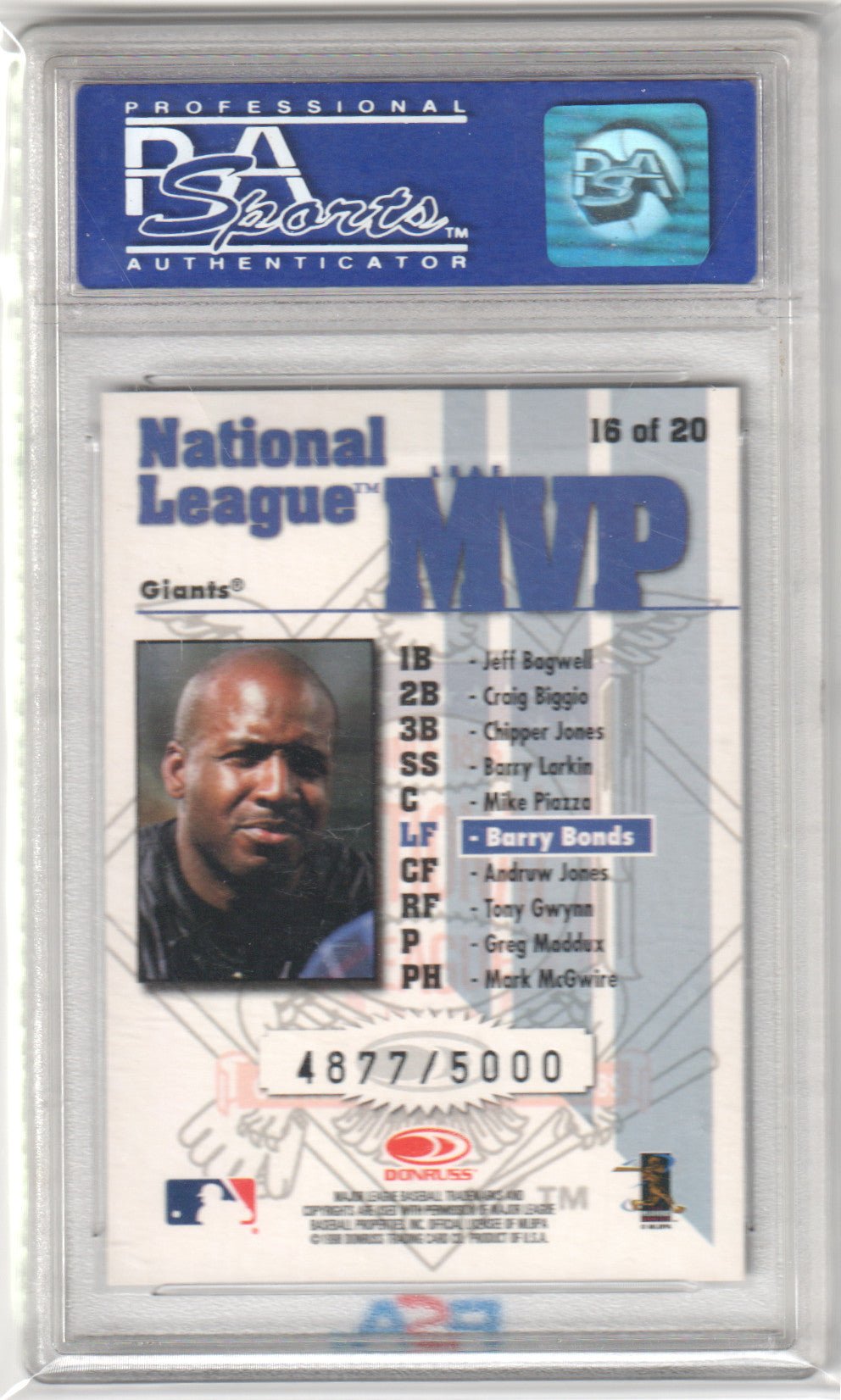 BARRY BONDS 1998 Leaf Rookies & Stars Leaf MVP #16 PSA 8 NM - MT - GIANTS - Columbia Hobby - Sports Card Boxes - Toploaders - Card Savers