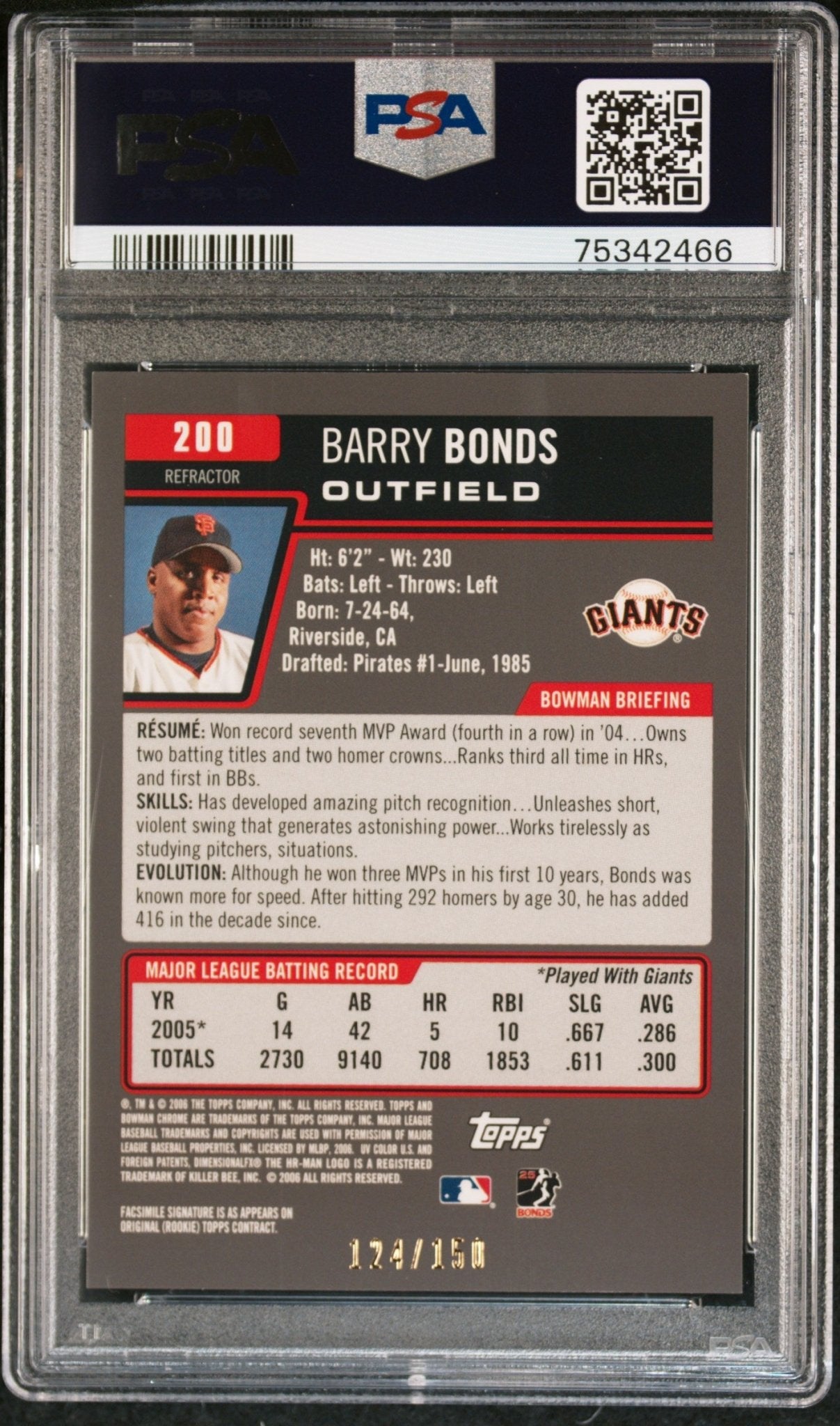 BARRY BONDS 2006 Bowman Chrome #/150 Blue Refractor PSA 9 MINT GIANTS Pop 11 - Columbia Hobby - Sports Card Boxes - Toploaders - Card Savers