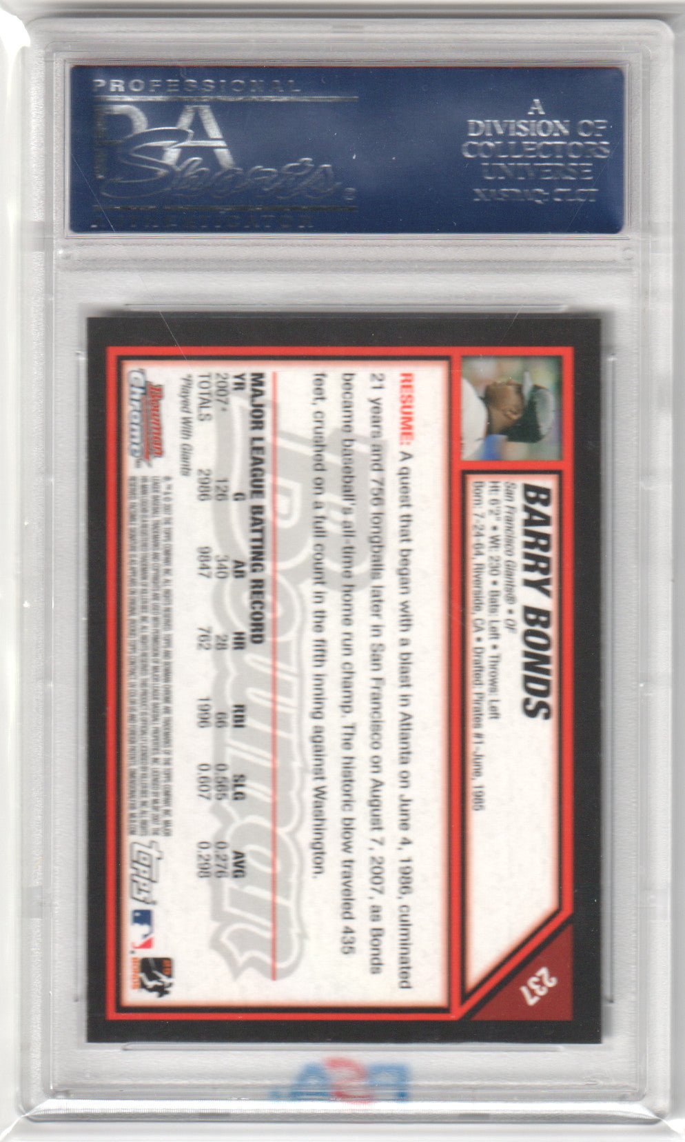 BARRY BONDS 2007 Bowman Chrome Draft #237 PSA 10 GEM MINT - GIANTS - Columbia Hobby - Sports Card Boxes - Toploaders - Card Savers