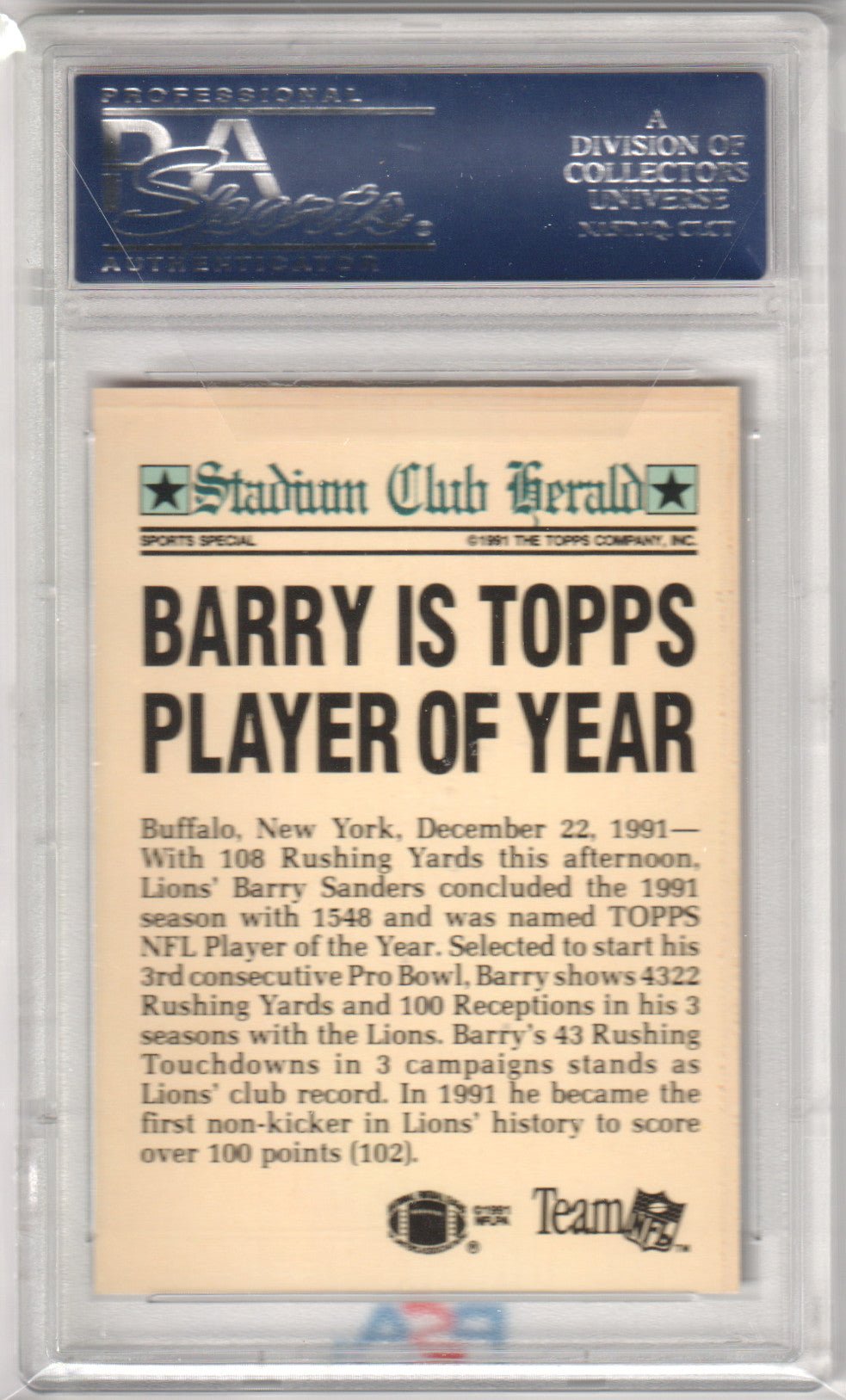BARRY SANDERS 1991 Topps Stadium Club Members Only PSA 10 GEM MINT - LIONS - Columbia Hobby - Sports Card Boxes - Toploaders - Card Savers