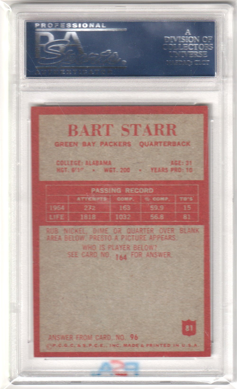 BART STARR 1965 Philadelphia 81 PSA 8 NM - MT - PACKERS - Columbia Hobby - Sports Card Boxes - Toploaders - Card Savers