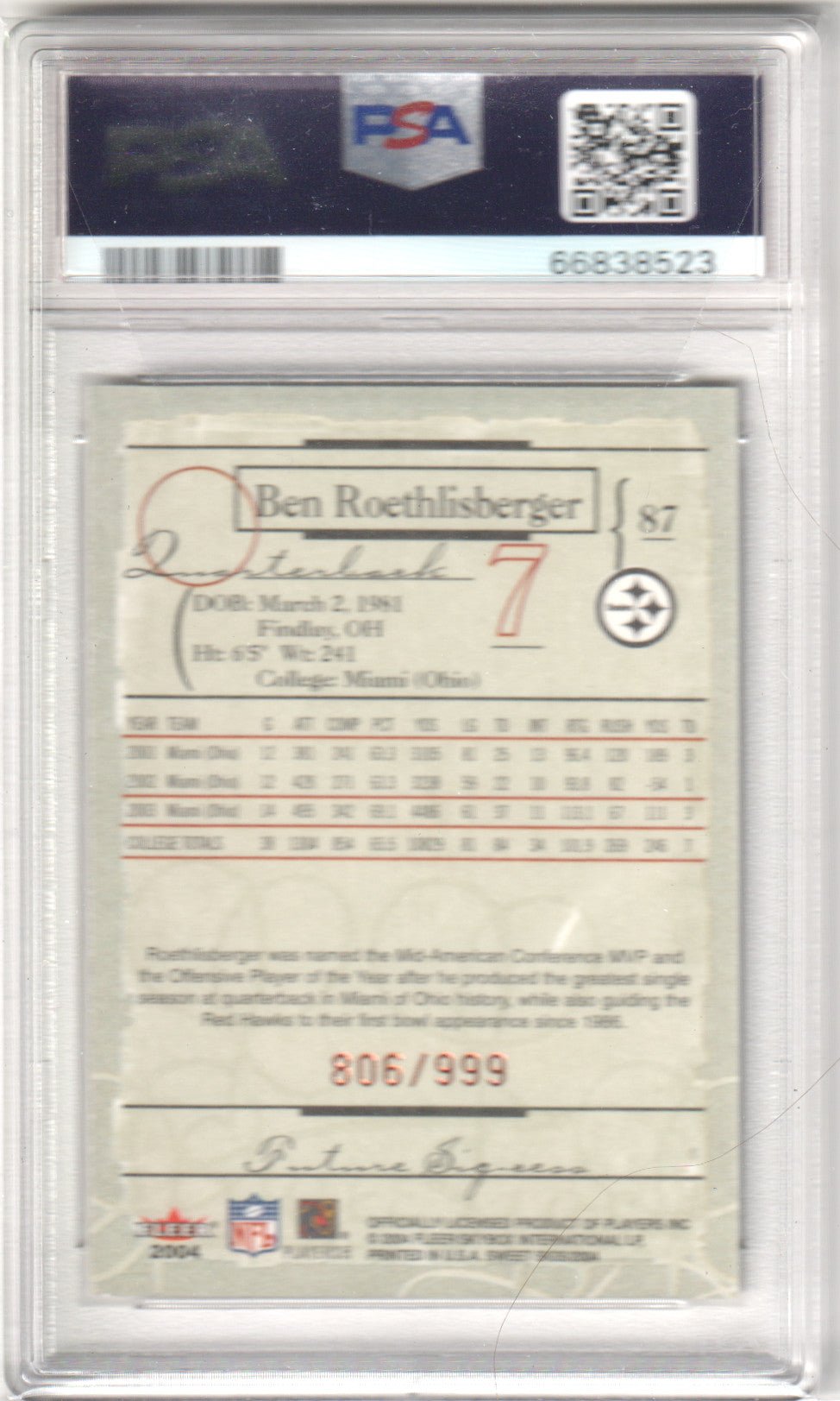 Ben Roethlisberger 2004 Fleer Sweet Sigs RC Rookie 87 PSA 9 MINT - STEELERS - Columbia Hobby - Sports Card Boxes - Toploaders - Card Savers