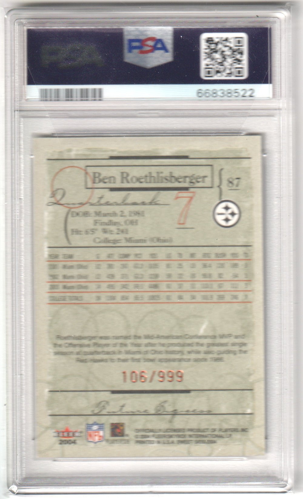 BEN ROETHLISBERGR 2004 Fleer Sweet Sigs RC Rookie 87 PSA 9 MINT - Columbia Hobby - Sports Card Boxes - Toploaders - Card Savers