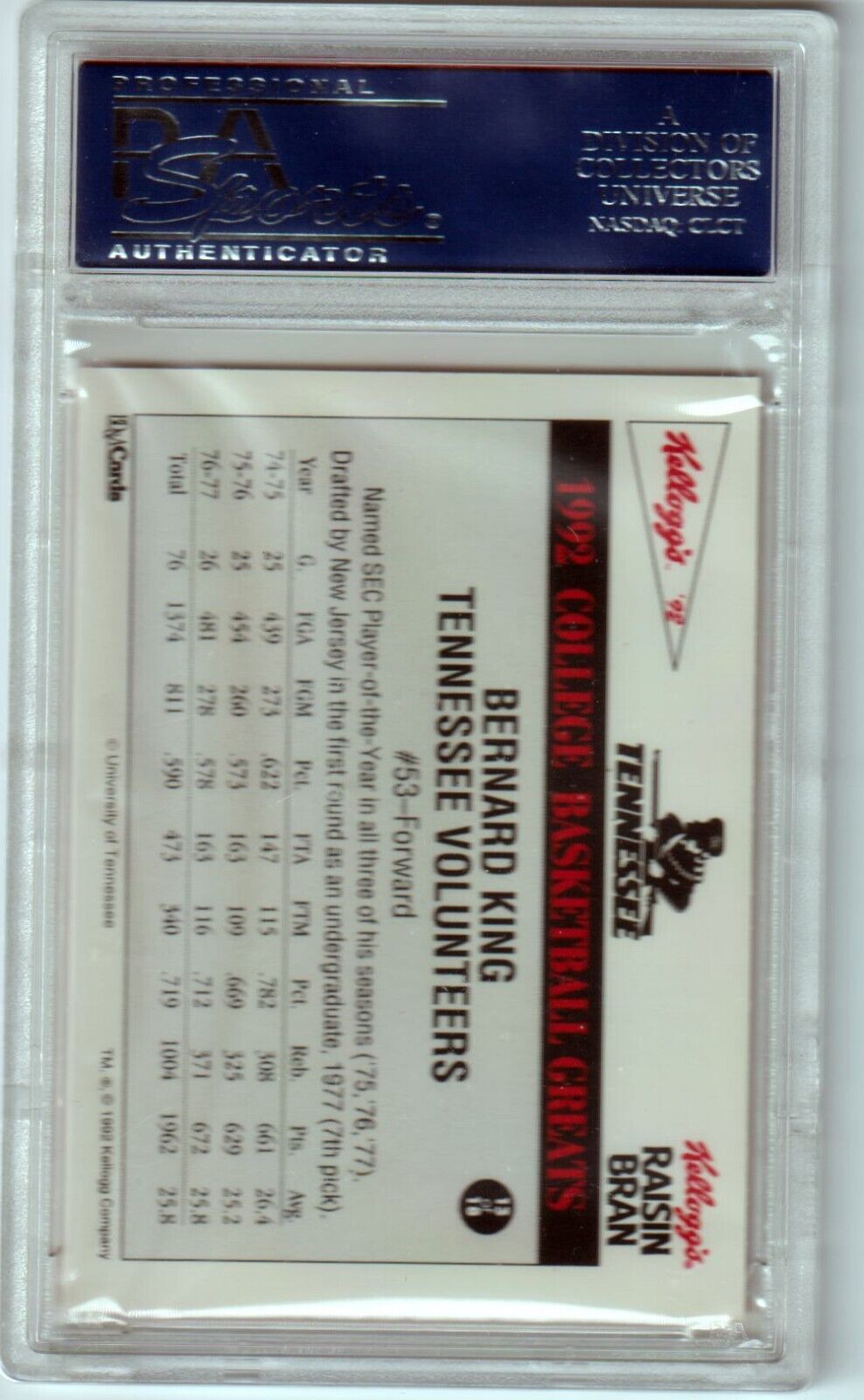 BERNARD KING 1991 - 92 Kellogg's College Greats #13 PSA 10 GEM MINT - Columbia Hobby - Sports Card Boxes - Toploaders - Card Savers