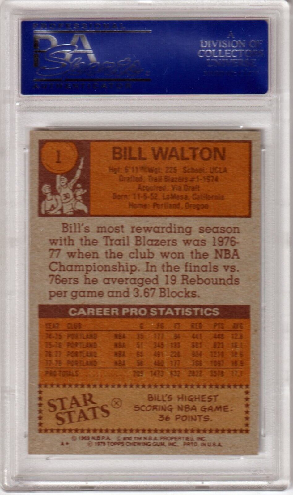 BILL WALTON 1978 - 79 Topps #1 PSA 9 MINT - BLAZERS - Columbia Hobby - Sports Card Boxes - Toploaders - Card Savers