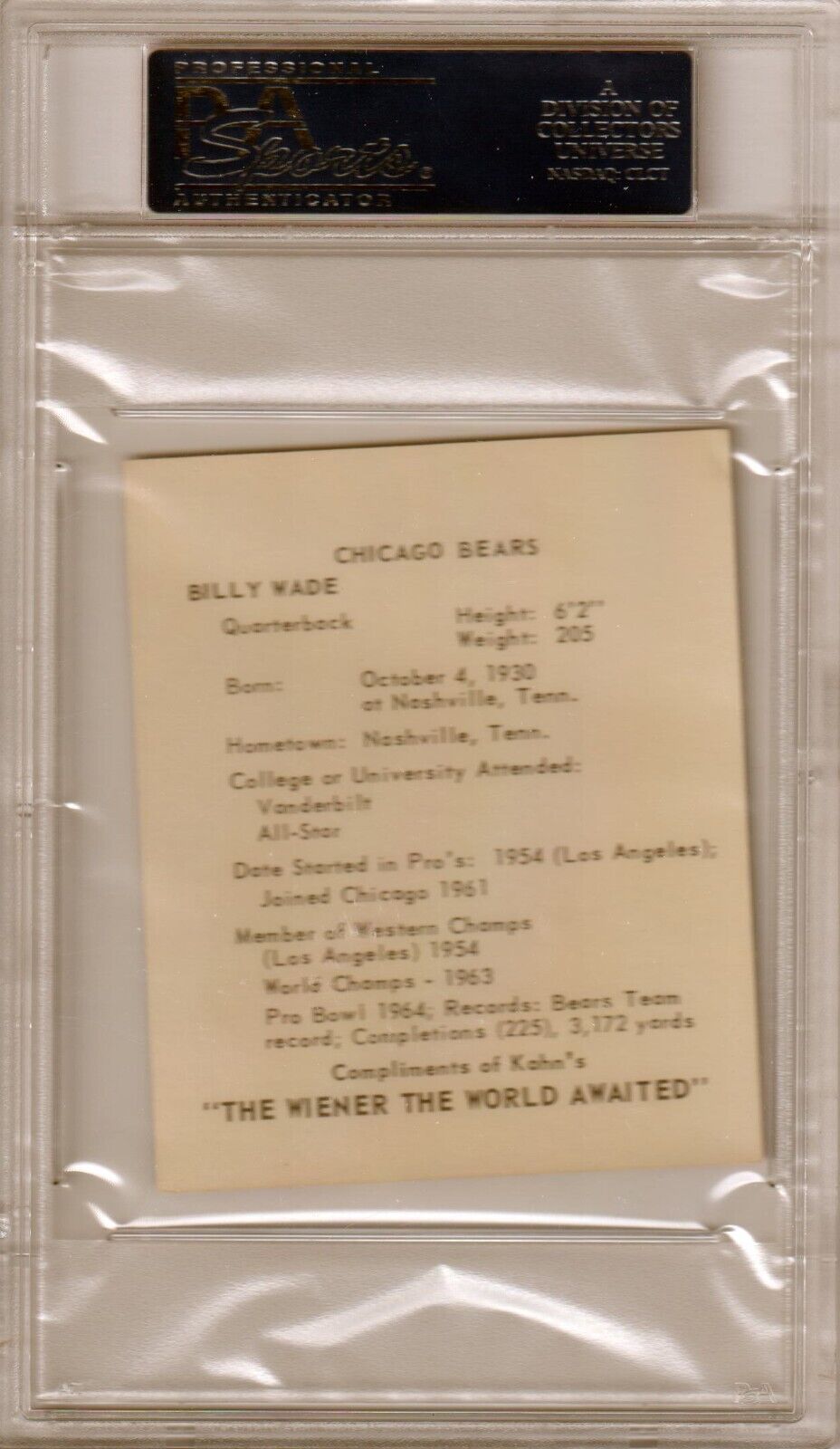 BILLY WADE 1964 Kahn's Wieners PSA 8 NM - MT - RAMS BEARS - Columbia Hobby - Sports Card Boxes - Toploaders - Card Savers