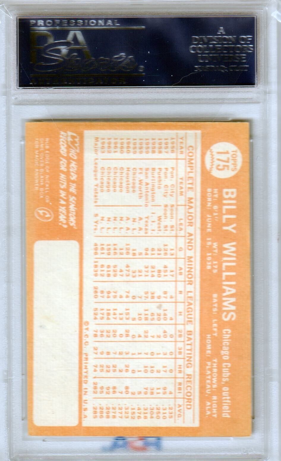 BILLY WILLIAMS 1964 Toppps #175 PSA 6 EX - MT - CUBS - Columbia Hobby - Sports Card Boxes - Toploaders - Card Savers