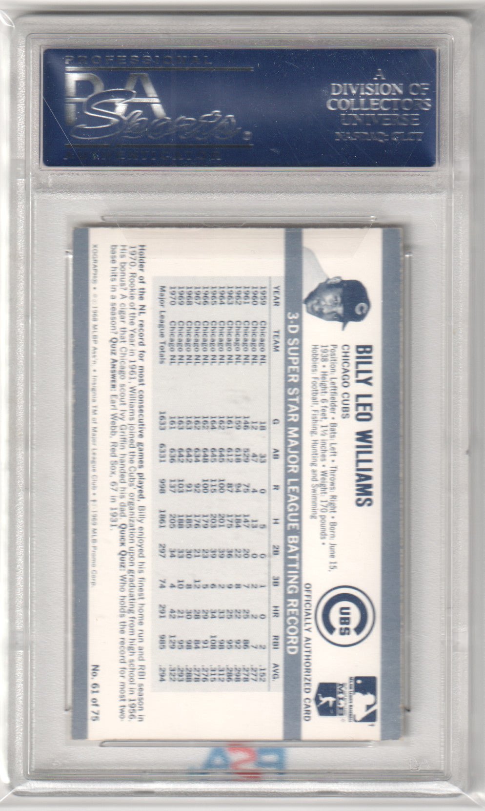 BILLY WILLIAMS 1971 Kellogg's 3D Super Stars #61 PSA 8 NM - MT - CUBS - Columbia Hobby - Sports Card Boxes - Toploaders - Card Savers