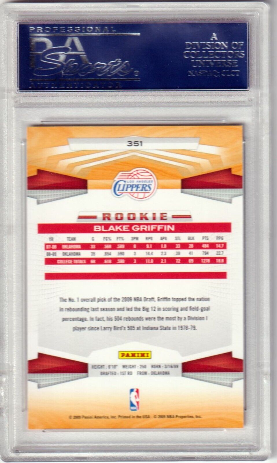 BLAKE GRIFFIN 2009 - 10 Panini Rookie RC #351 PSA 10 GEM MINT - CLIPPERS - Columbia Hobby - Sports Card Boxes - Toploaders - Card Savers