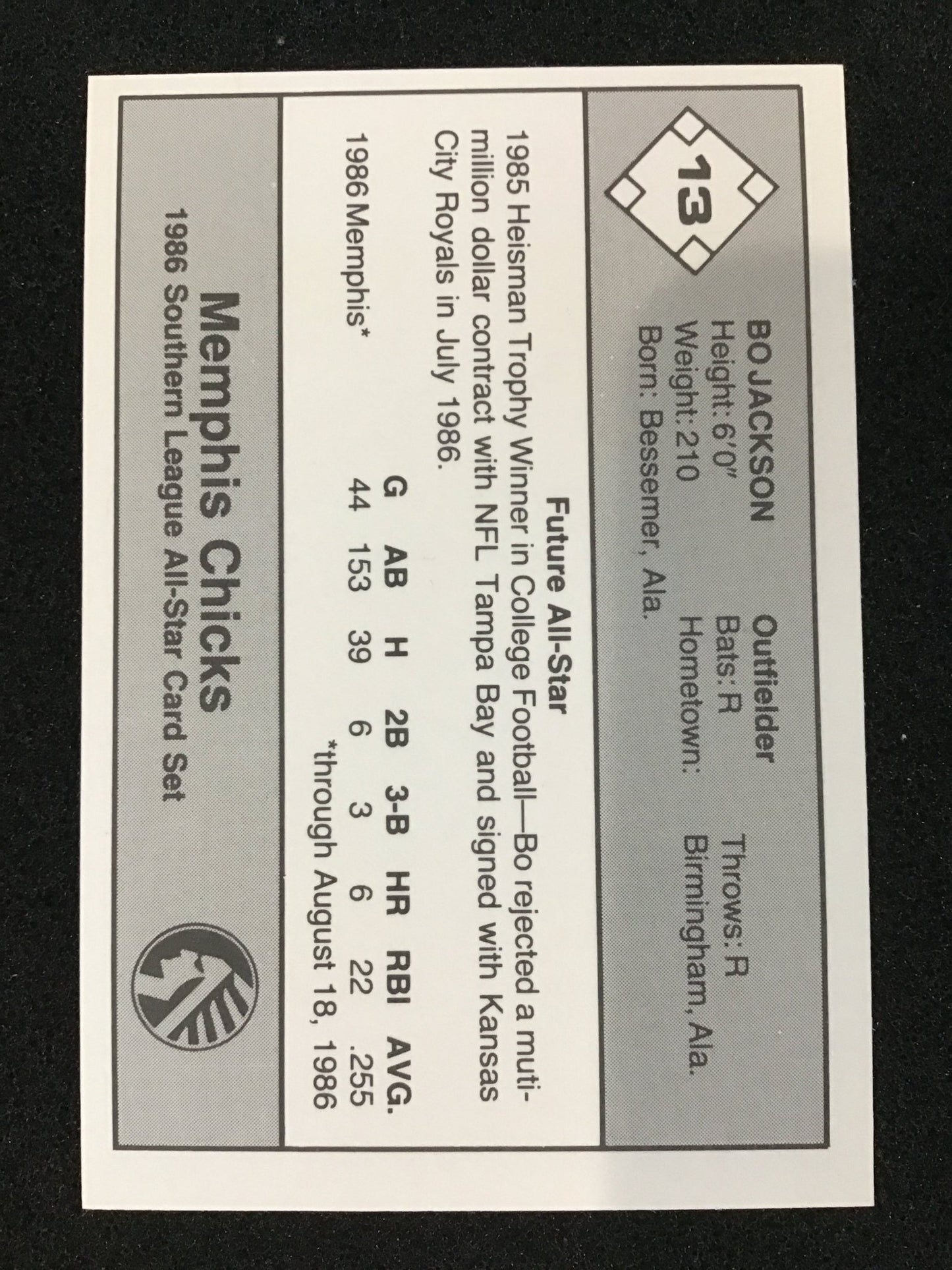 Bo Jackson 1986 Don Jennings Southern All - Stars #13 Memphis Chicks - Columbia Hobby - Sports Card Boxes - Toploaders - Card Savers