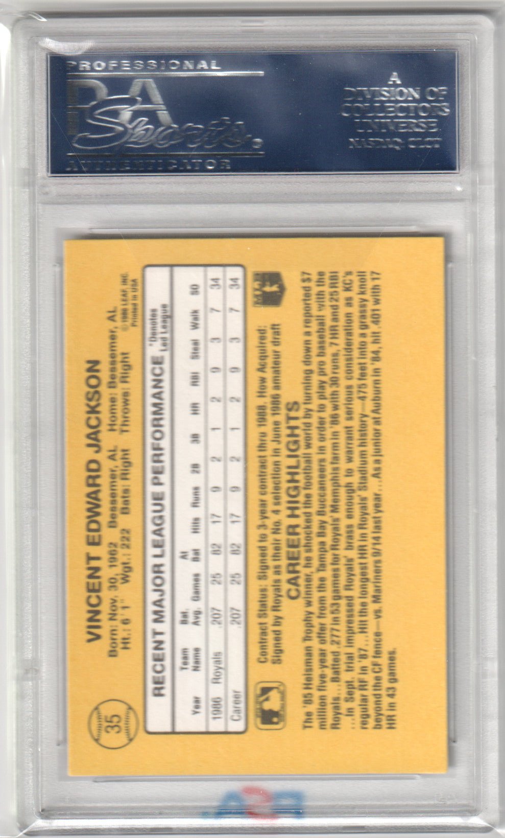BO JACKSON 1987 Donruss RC Rookie #35 PSA 10 GEM MINT - ROYALS - Columbia Hobby - Sports Card Boxes - Toploaders - Card Savers