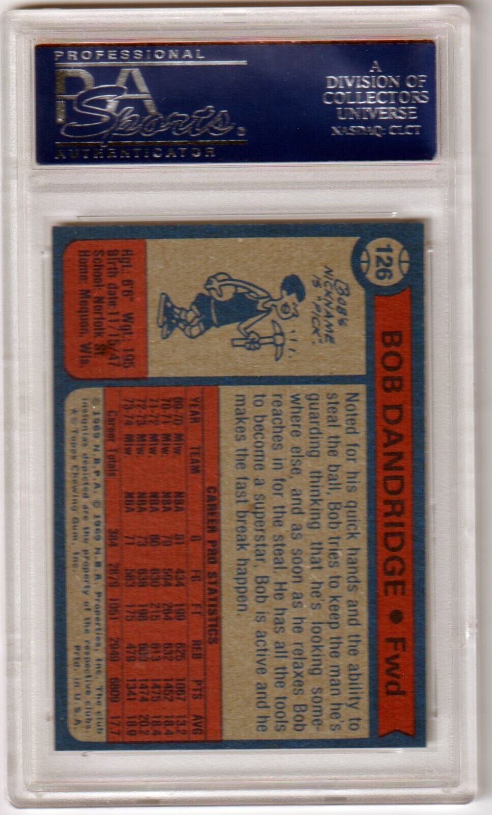 BOB DANDRIDGE 1974 - 75 Topps #126 PSA 8 NM - MT - BUCKS - Columbia Hobby - Sports Card Boxes - Toploaders - Card Savers