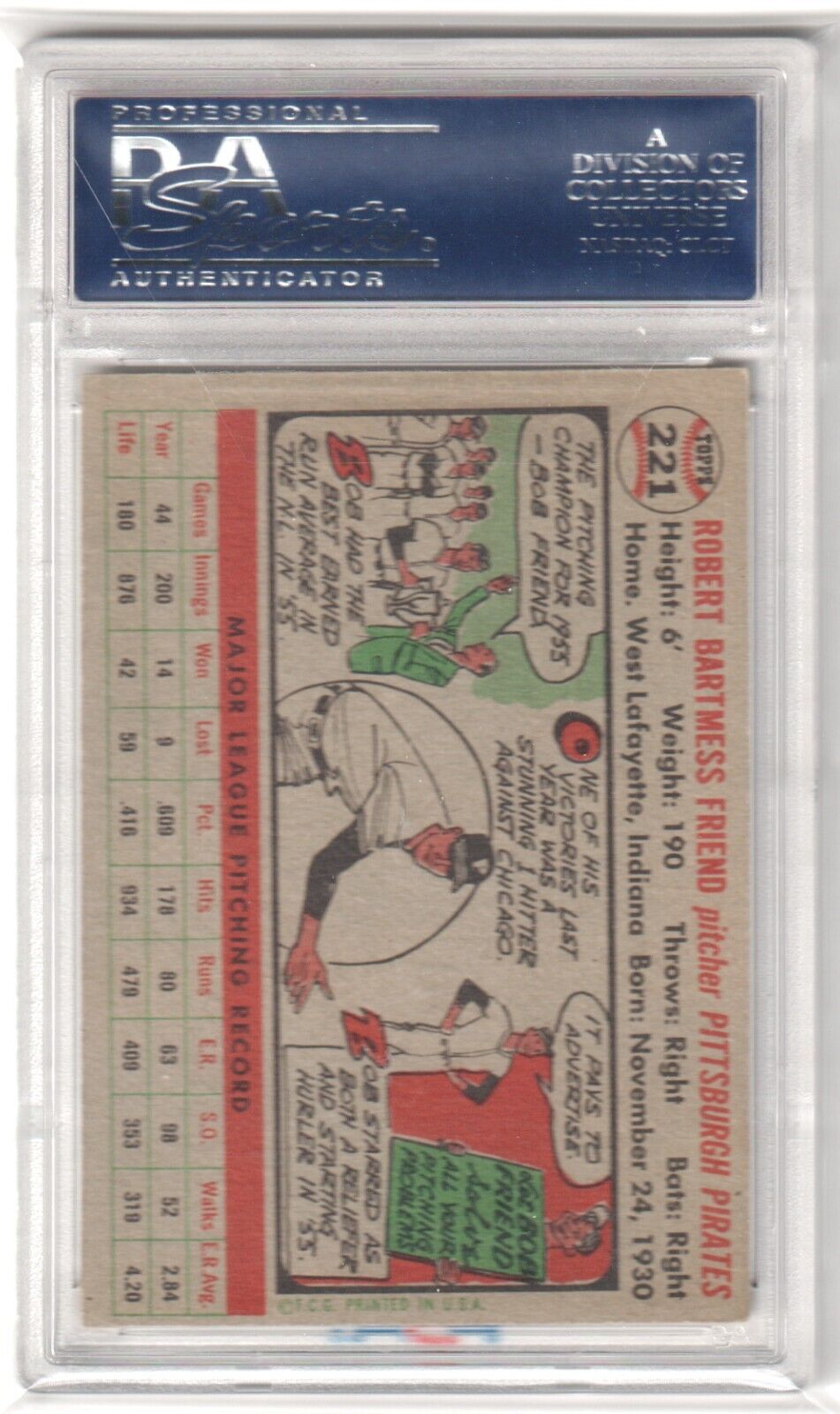 BOB FRIEND 1956 Topps #221 PSA 6 EX - MT - PIRATES - Columbia Hobby - Sports Card Boxes - Toploaders - Card Savers