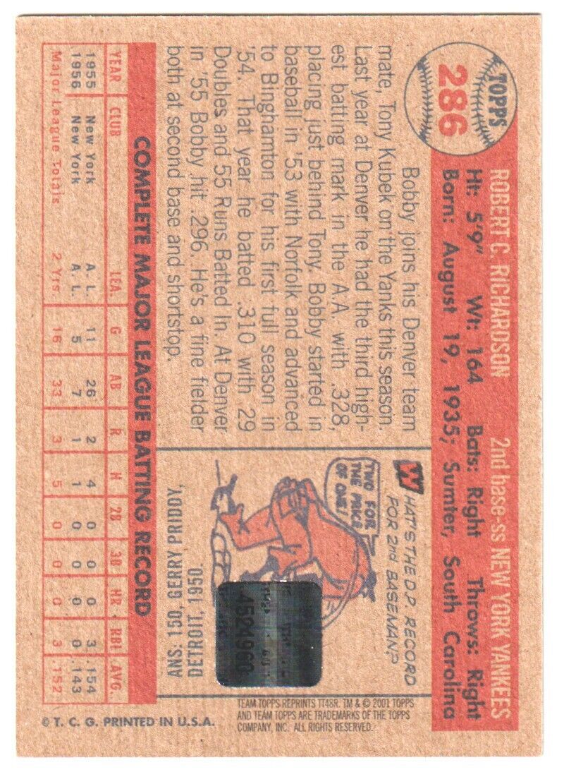 BOBBY RICHARDSON 2001 Topps Archives Autograph Auto - YANKEES - Columbia Hobby - Sports Card Boxes - Toploaders - Card Savers
