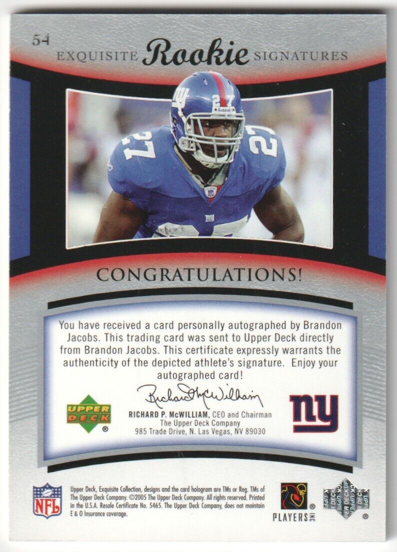 BRANDON JACOBS 2005 Upper Deck Exquisite RC Rookie Autograph Auto #/150 - GIANTS - Columbia Hobby - Sports Card Boxes - Toploaders - Card Savers