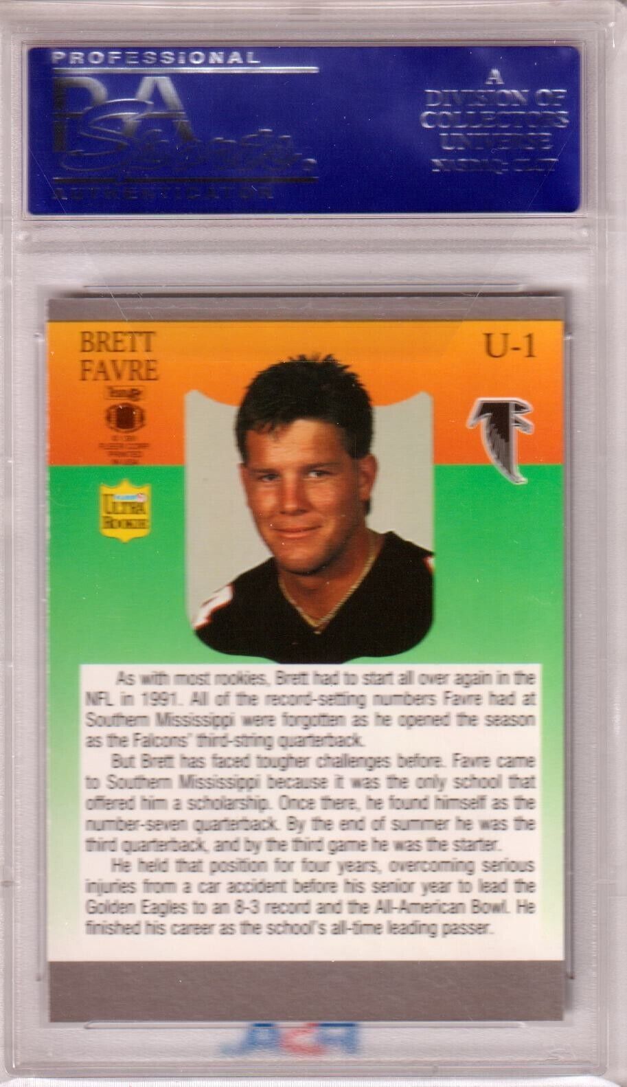 BRETT FAVRE 1991 Fleer Update Ultra Rookie RC #U - 1 PSA 10 GEM MINT - FALCONS - Columbia Hobby - Sports Card Boxes - Toploaders - Card Savers