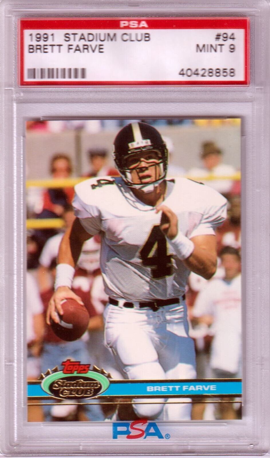BRETT FAVRE 1991 Topps Stadium Club RC Rookie #94 PSA 9 MINT - FALCONS - Columbia Hobby - Sports Card Boxes - Toploaders - Card Savers