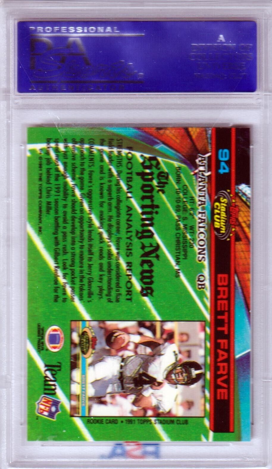BRETT FAVRE 1991 Topps Stadium Club RC Rookie #94 PSA 9 MINT - FALCONS - Columbia Hobby - Sports Card Boxes - Toploaders - Card Savers