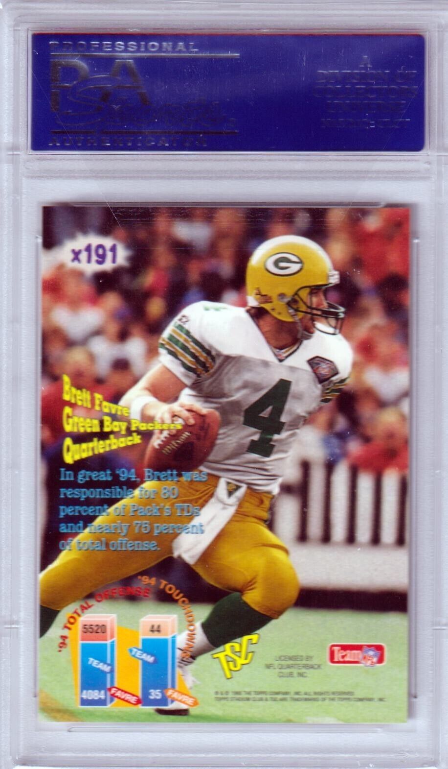 BRETT FAVRE 1995 Topps Stadium Club #191 PSA 10 GEM MINT - PACKERS - Columbia Hobby - Sports Card Boxes - Toploaders - Card Savers