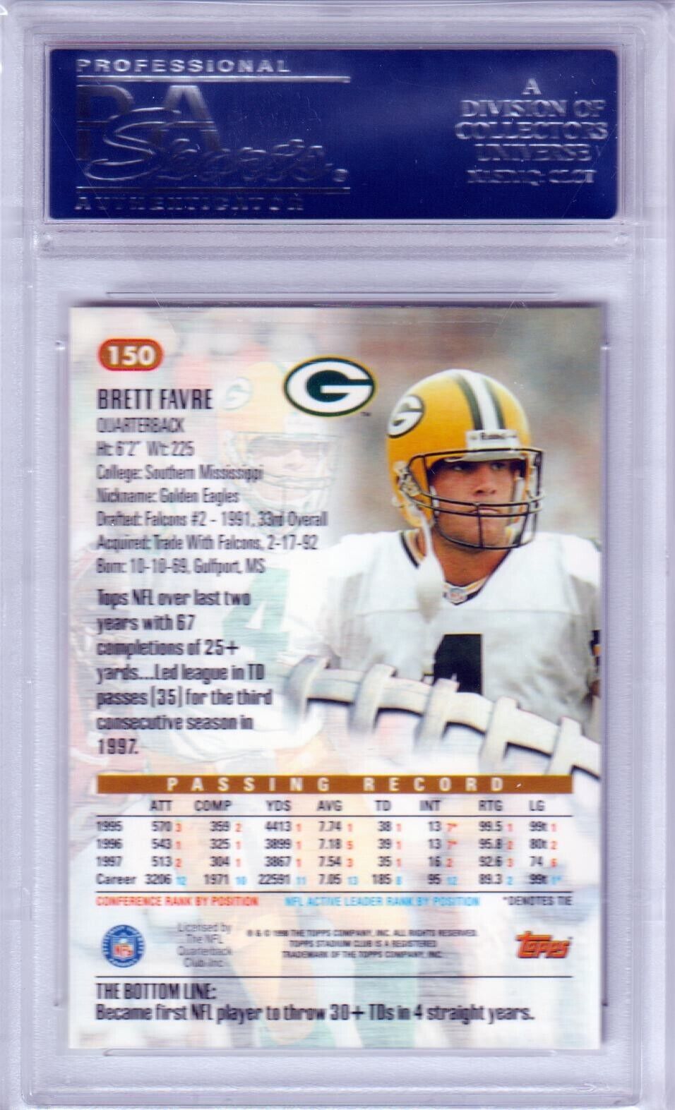 BRETT FAVRE 1998 Topps Stadium Club #150 PSA 10 GEM MINT - PACKERS - Columbia Hobby - Sports Card Boxes - Toploaders - Card Savers