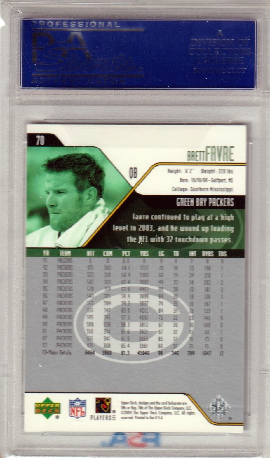 BRETT FAVRE 2004 Upper Deck #70 PSA 10 - PACKERS - Columbia Hobby - Sports Card Boxes - Toploaders - Card Savers