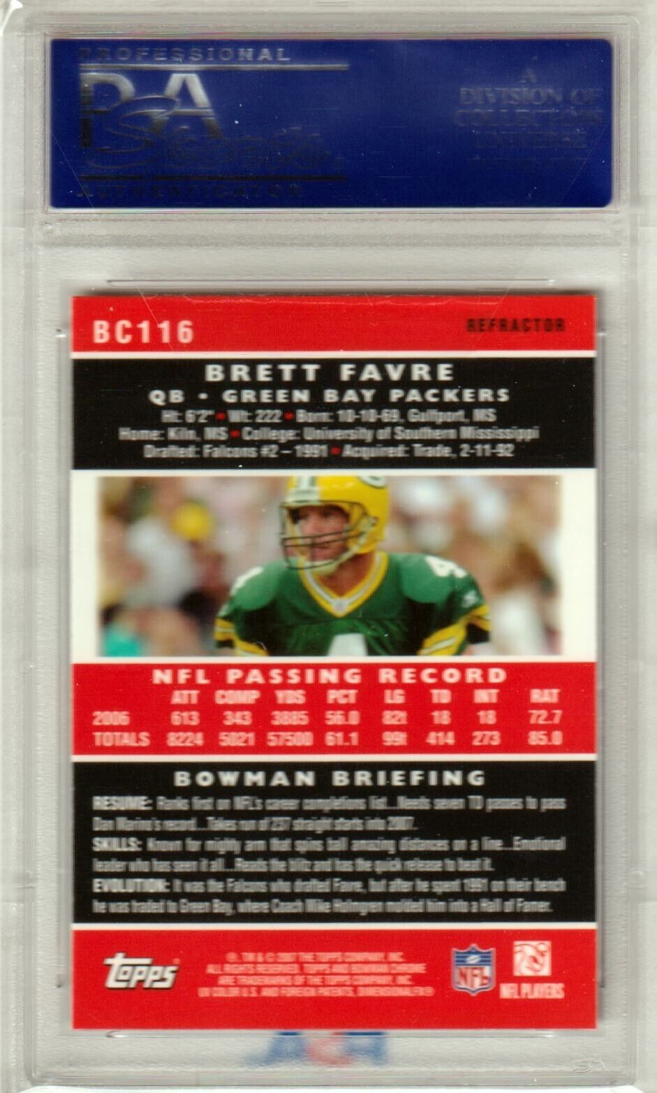 BRETT FAVRE 2007 Bowman Chrome Refractor #BC116 PSA 10 GEM MINT - PACKERS - Columbia Hobby - Sports Card Boxes - Toploaders - Card Savers