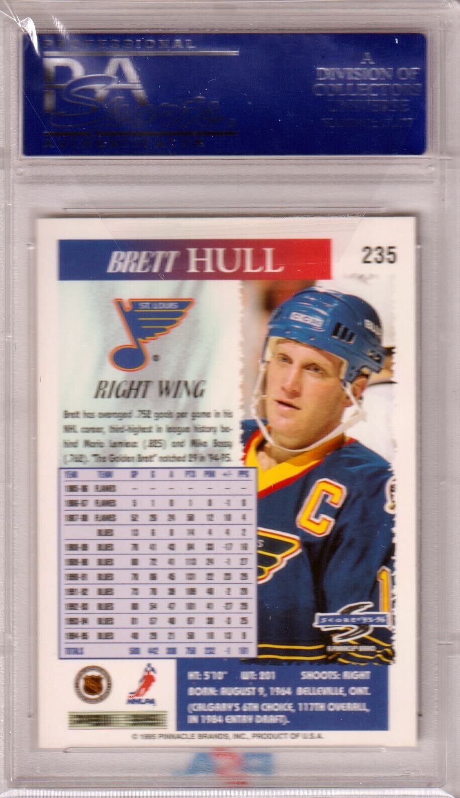 BRETT HULL 1995 Score #235 PSA 10 GEM MINT - BLUES - Columbia Hobby - Sports Card Boxes - Toploaders - Card Savers