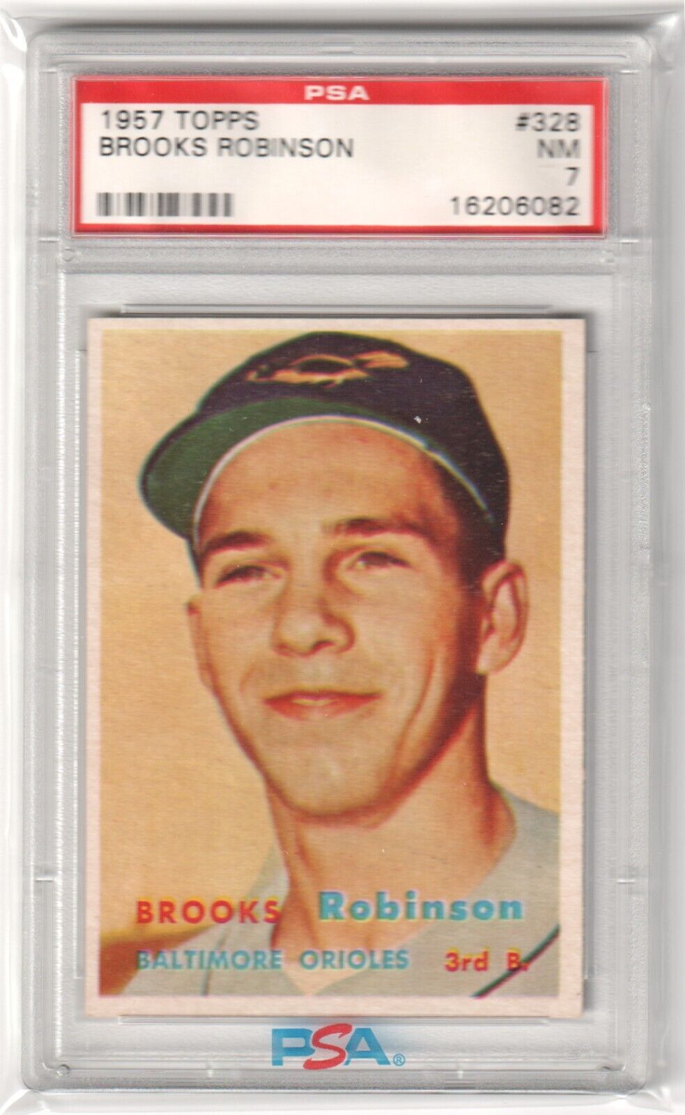 BROOKS ROBINSON 1957 Topps Rookie RC #328 PSA 7 NM - ORIOLES - Columbia Hobby - Sports Card Boxes - Toploaders - Card Savers