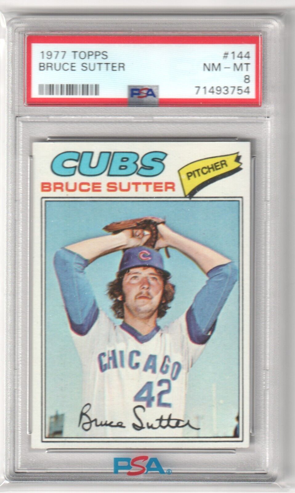 BRUCE SUTTER 1977 Topps RC Rookie #144 PSA 8 NM - MT - CUBS CARDINALS - Columbia Hobby - Sports Card Boxes - Toploaders - Card Savers